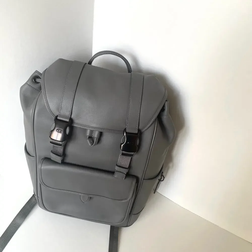 Coach League Flap Backpack Charcoal Gray Leather Laptop Bag CU072